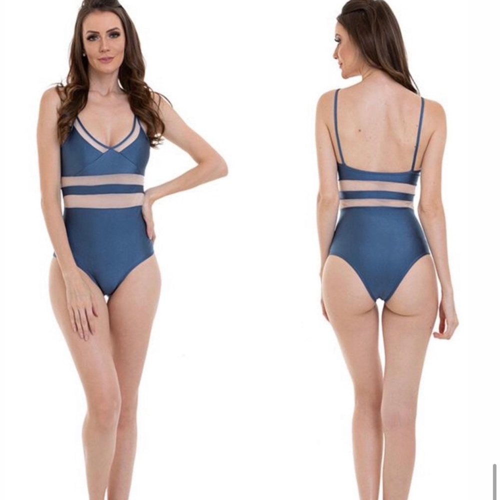 Blue tummy control Brazilian mesh spaghetti bikini swimsuit women's one pc SZ M